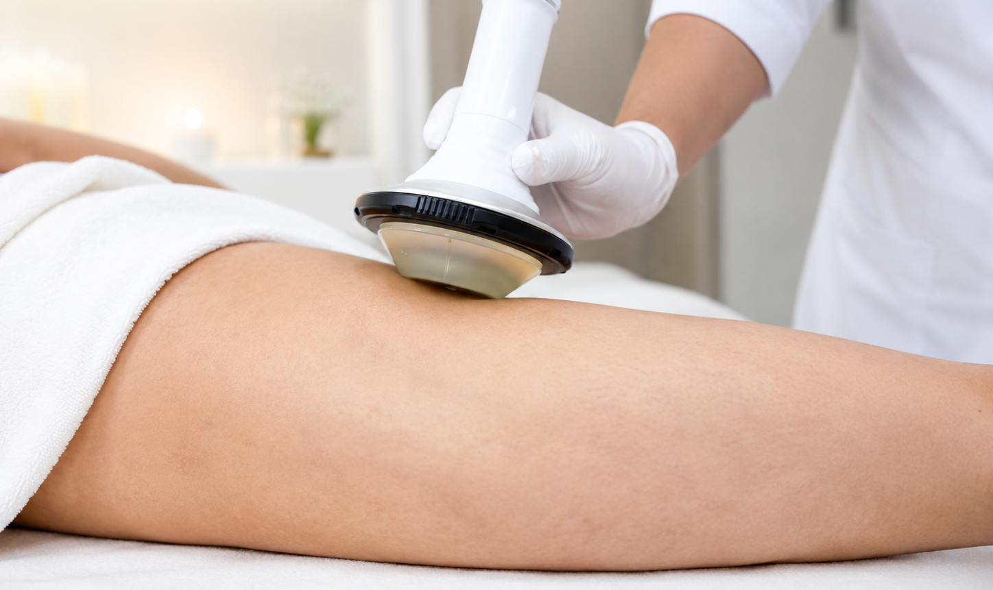 DualWave FX focused shockwave handpiece applied to the lower limb in a clean aesthetic and wellness clinical setting.